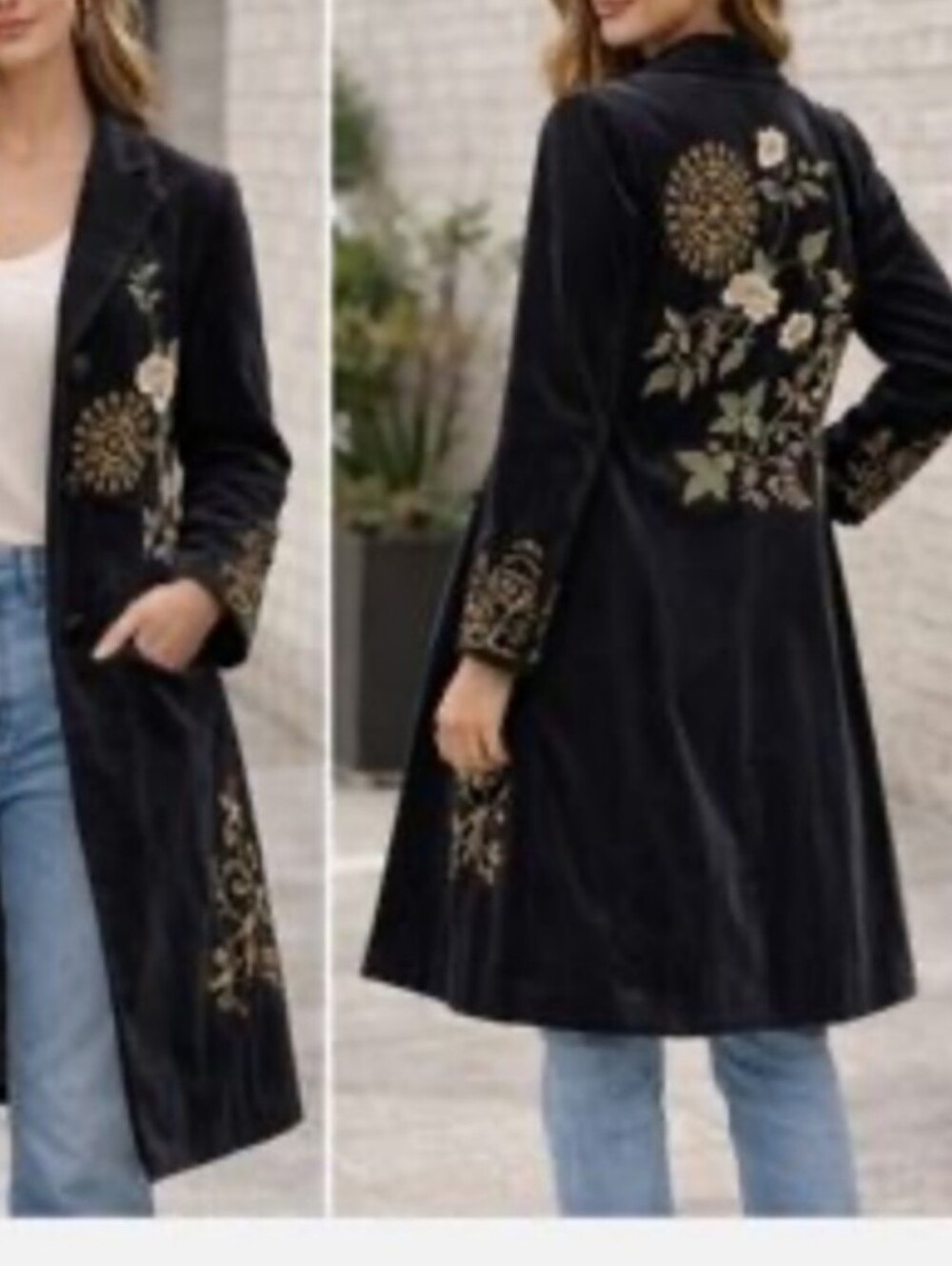 NWT Vintage CAbi Antoinette Velvet Floral Embroidered Longline coat Black Whimsy - Picture 10 of 17
